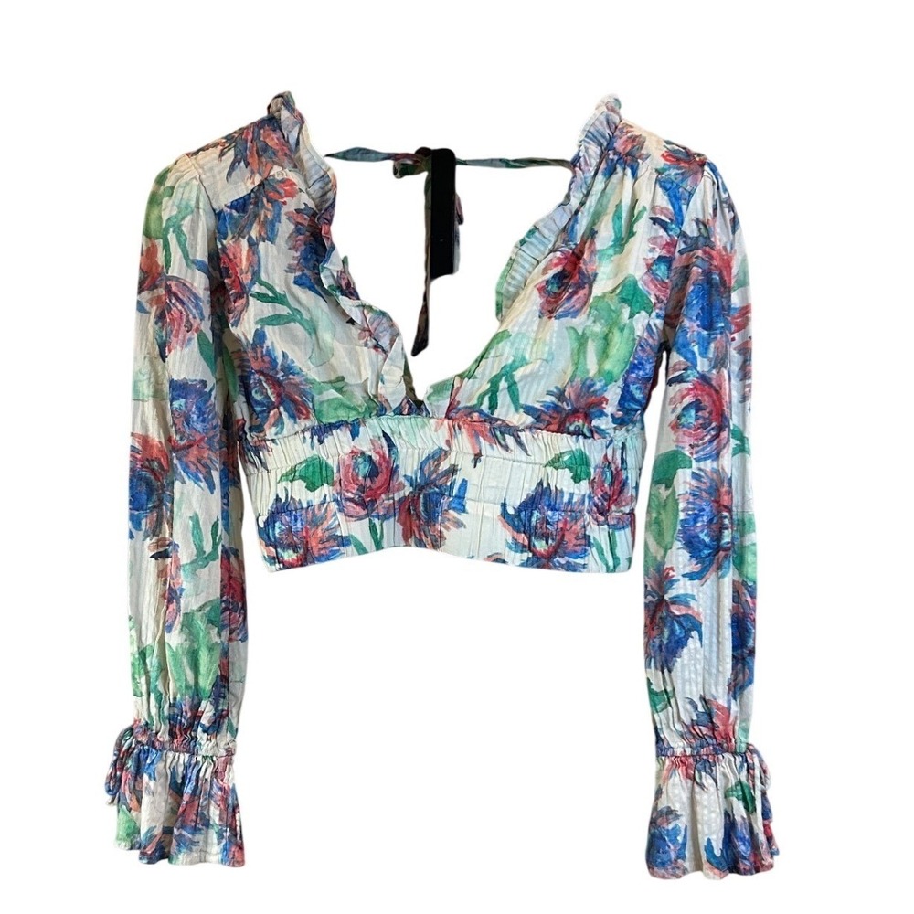 Anthropologie Floral Print Ruffle V Neck Cropped Long Sleeve Top Size S